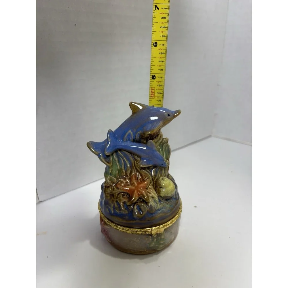 Dolphin Trinket Box Ceramic Hinged Jewelry Box Coastal Ocean Decor 4